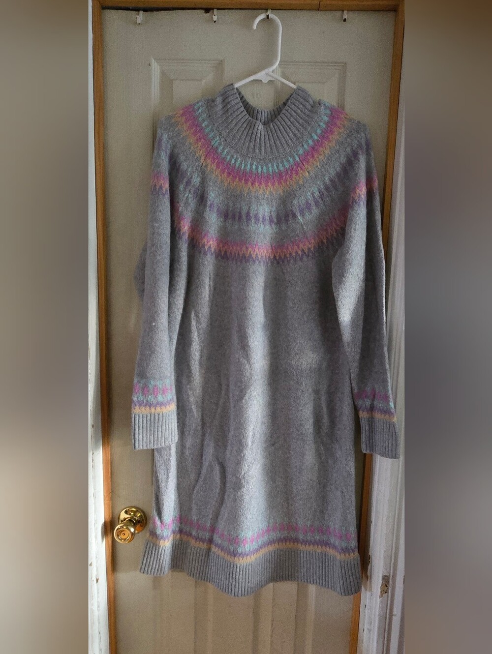 Womens Gray Fair Isle Knit Sweater Dress with Pastel Accents